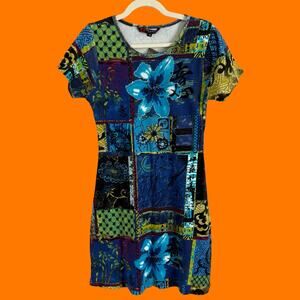 00's vintage patchwork floral buddha 100% cotton bodycon y2k dress M *deadstock*